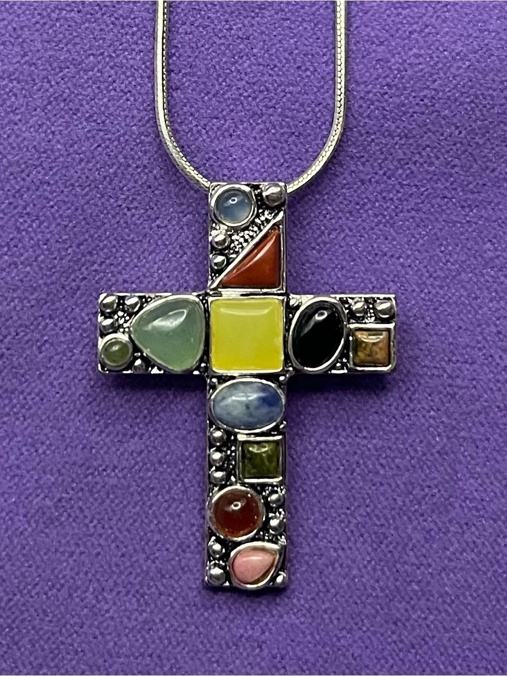 Vintage .925 sterling silver multi gemstone mosaic cross necklace 24 inch